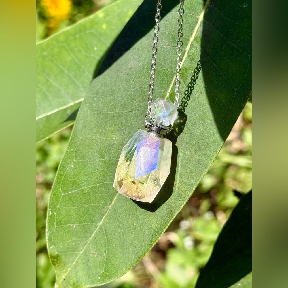 .925 Silver Thick Rainbow Angel Aura Quartz Bottle Necklace with Dropper - Picture 3 of 5